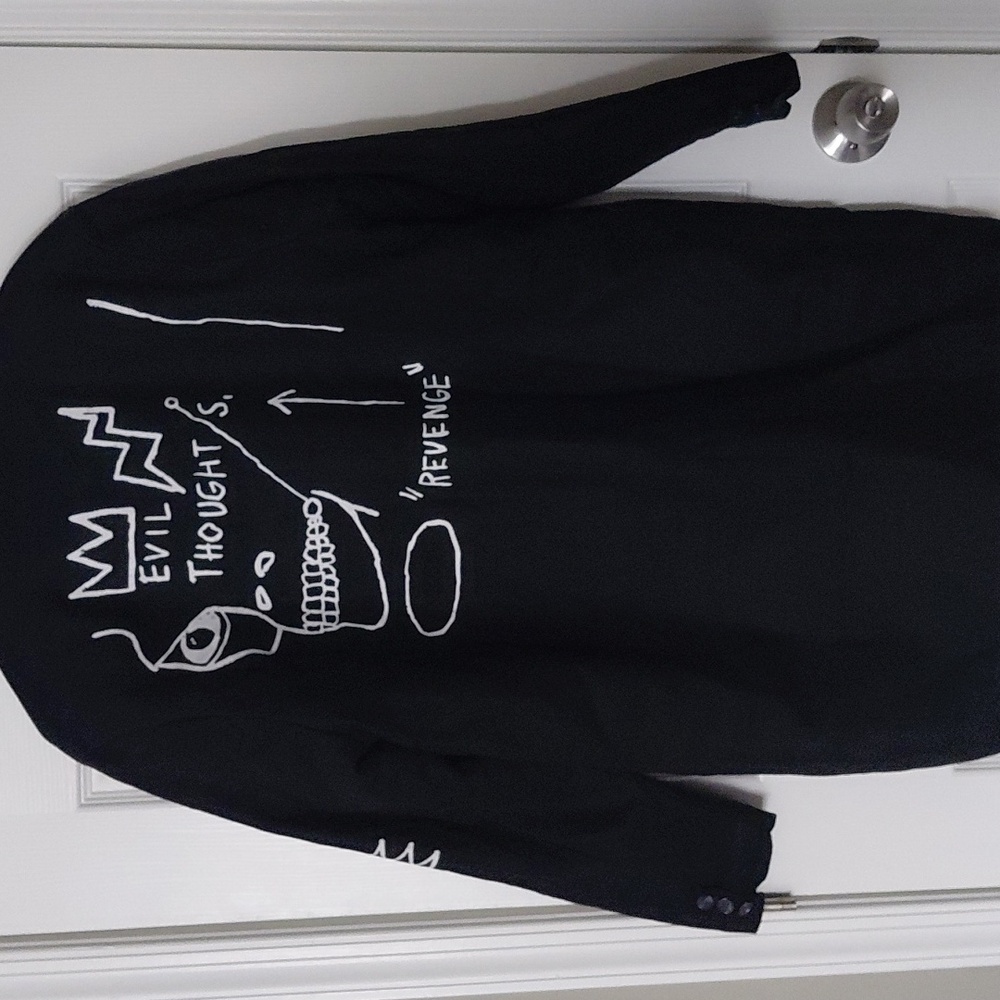 Rare Basquiat Black Wool Mid Coat With Signature And Artwork 23" Pit To Pit - Picture 9 of 16